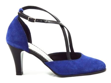 Pantofi dama albastri din piele naturala tip antilopa, cu doua barete elegante si toc inalt de 7 cm