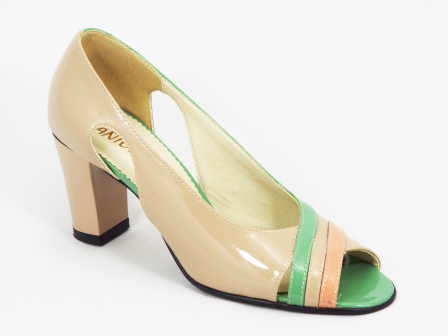 Sandale dama piele lac bej cu verde toc 7 cm Mozzy