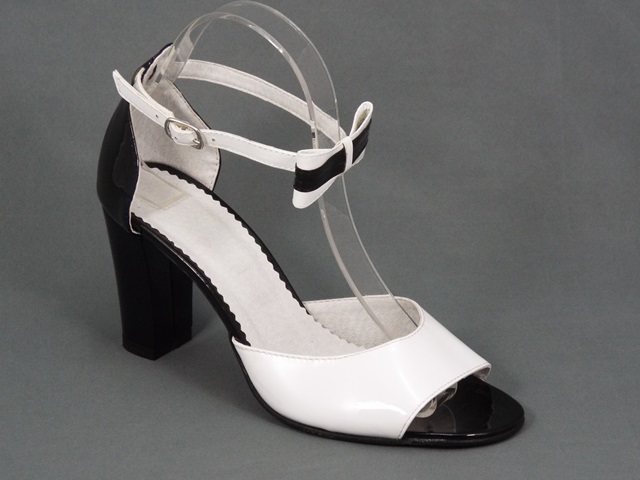 Sandale dama piele alb cu negru lac toc 8 cm Ioana