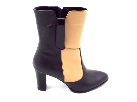 Ghete dama negre/bej Roma elegante din piele naturala, cu toc de inaltime mica si fermoar lateral